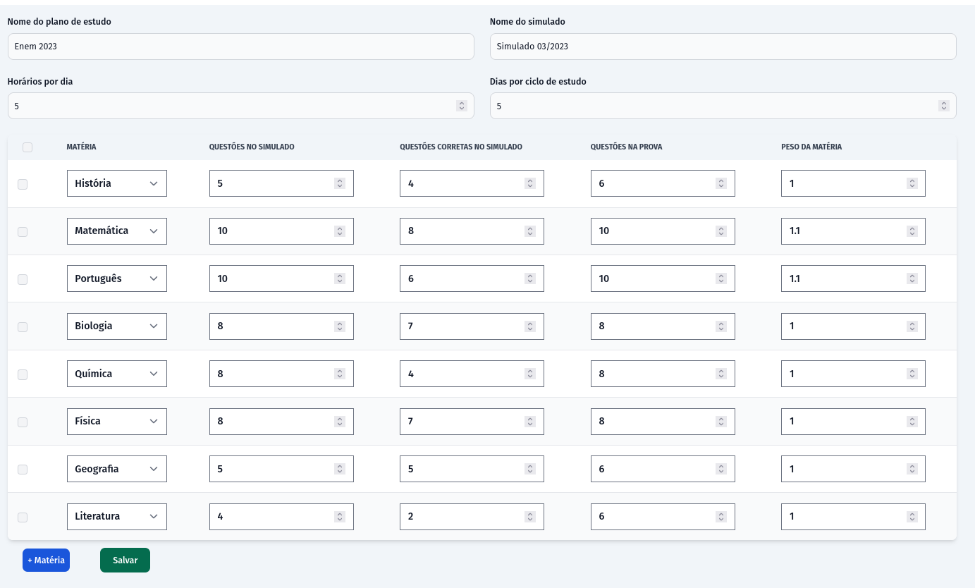 demonstração da pagina de criação. Uma tabela com matérias, quantidade de questões em um simulado, quantas acertou, peso, e quantas estarão na prova final